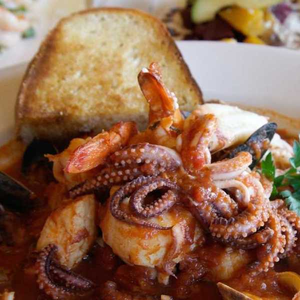 a bowl of seafood cioppino