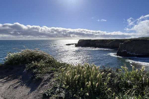 a coastal scene with high cliffs and greenery