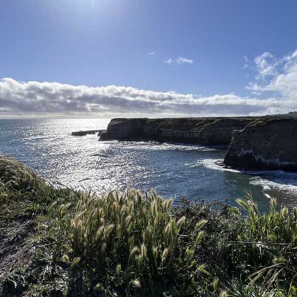 a coastal scene with high cliffs and greenery