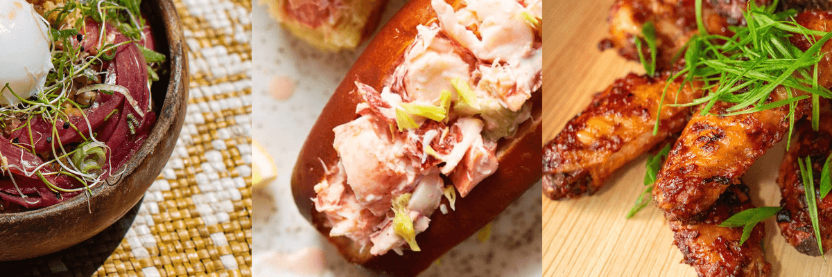 a collage of a rice dish on a yellow tablecloth, lobster rolls, and grilled chicken
