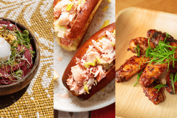 a collage of a rice dish on a yellow tablecloth, lobster rolls, and grilled chicken