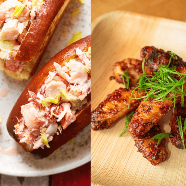 a collage of a rice dish on a yellow tablecloth, lobster rolls, and grilled chicken