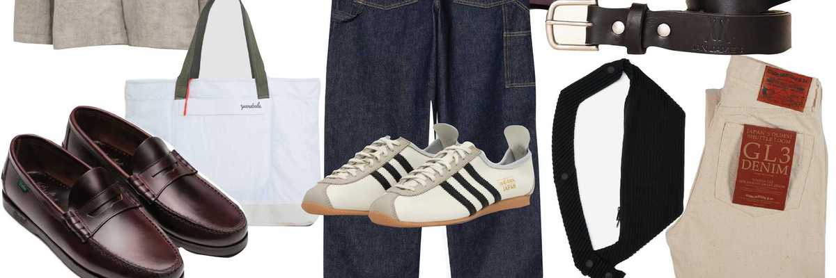 a collage of men's tops, jeans, shoes, and accessories