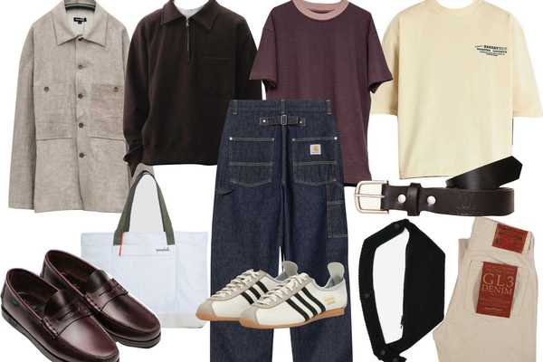 a collage of men's tops, jeans, shoes, and accessories