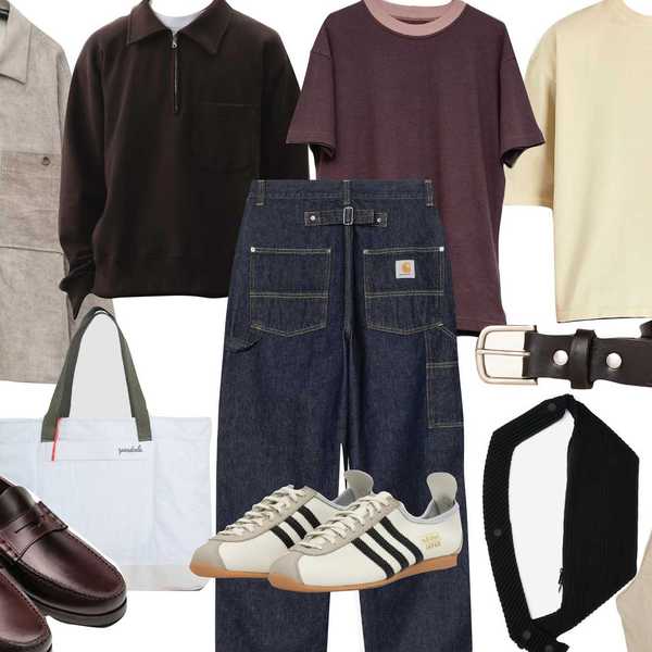 a collage of men's tops, jeans, shoes, and accessories