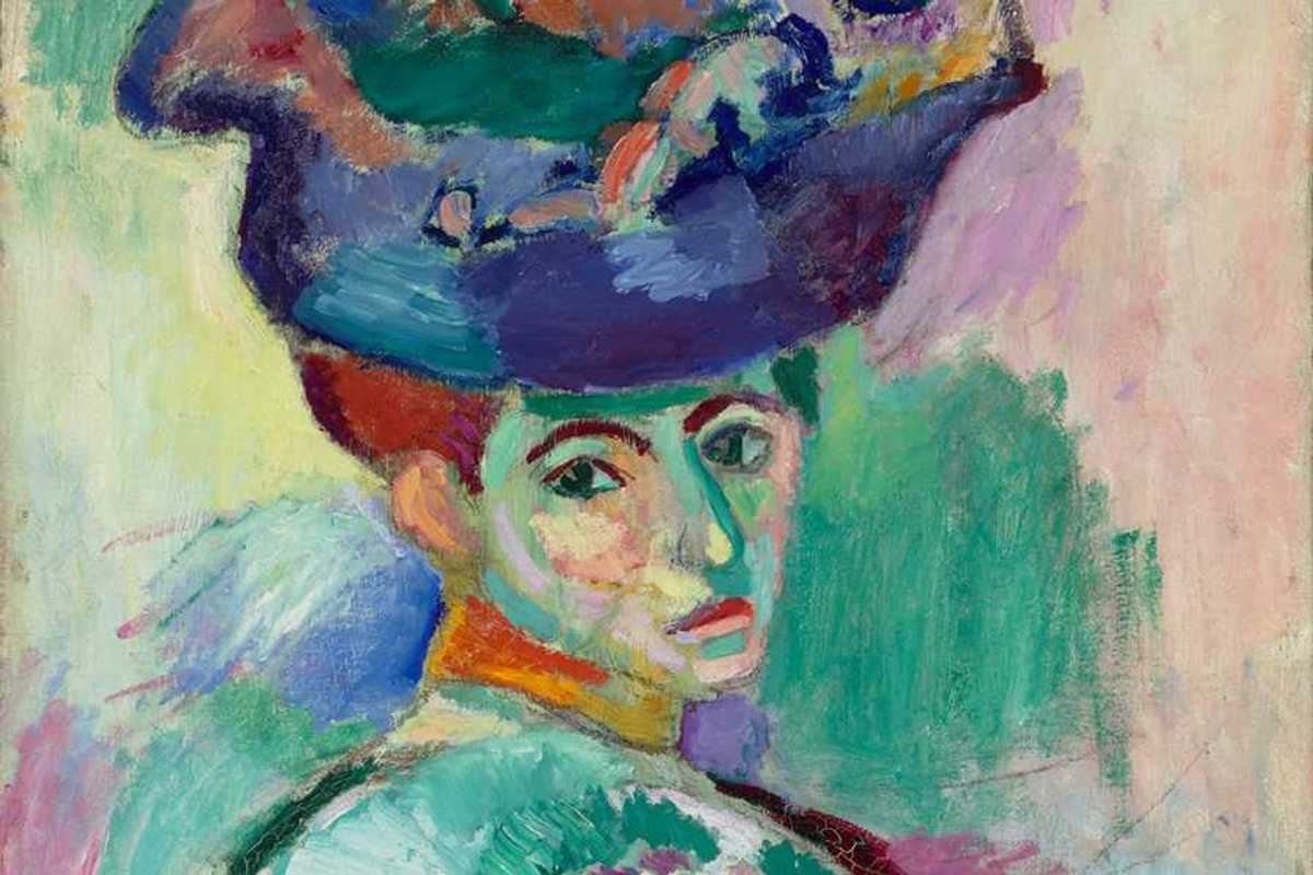 a colorful painting of a woman in an elaborate hat