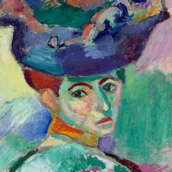 a colorful painting of a woman in an elaborate hat