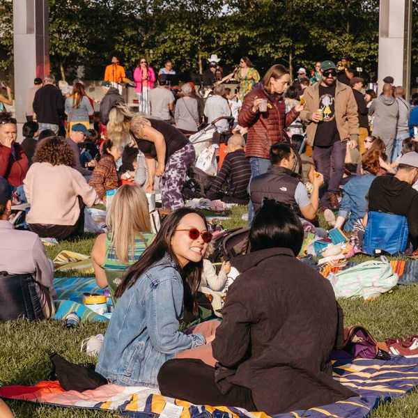 a crowd of people eating and drinking on a lawn in front of a stage