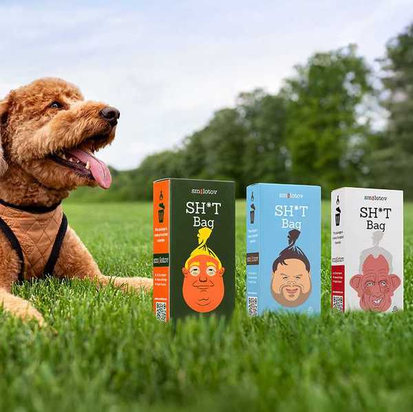 a dog laying on the grass with three boxes of Smolotov shit bags in front of him
