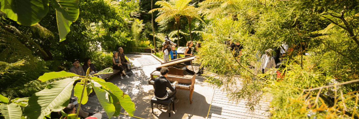 a man playing a grand piano on a stage in the middle of a garden