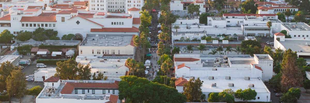 a neighborhood of white-washed buildings with red tiled roofs around a main street lined with trees