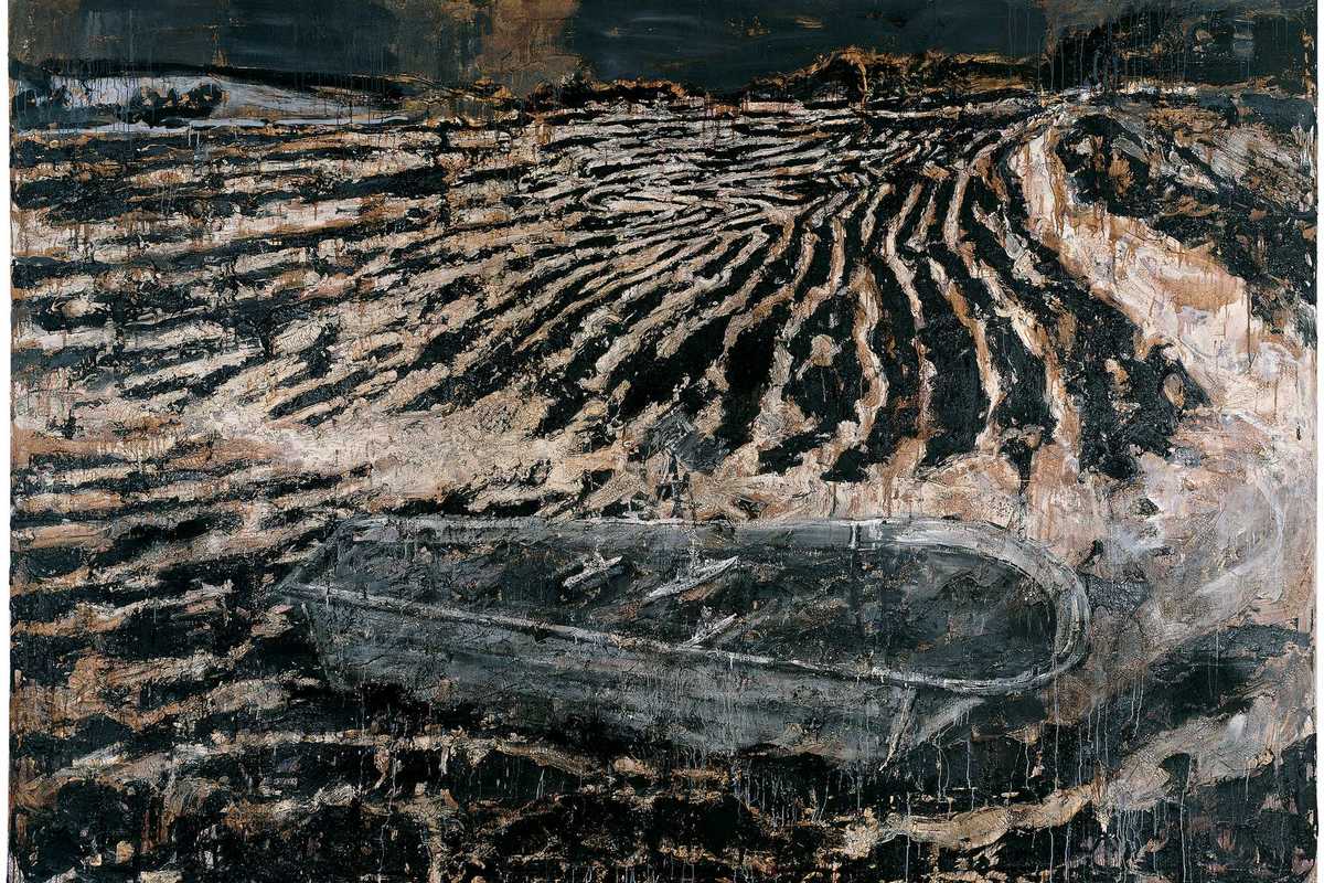 a painting of a dark abstract see with a small boat in the foreground