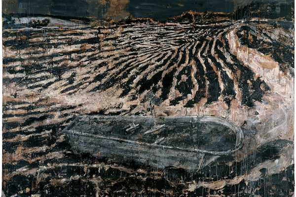 a painting of a dark abstract see with a small boat in the foreground