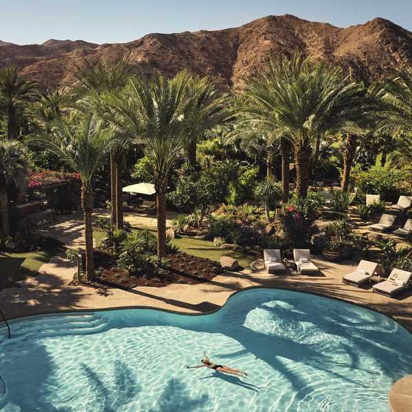 a pool with a person floating in it surrounded by palm trees and desert mountains
