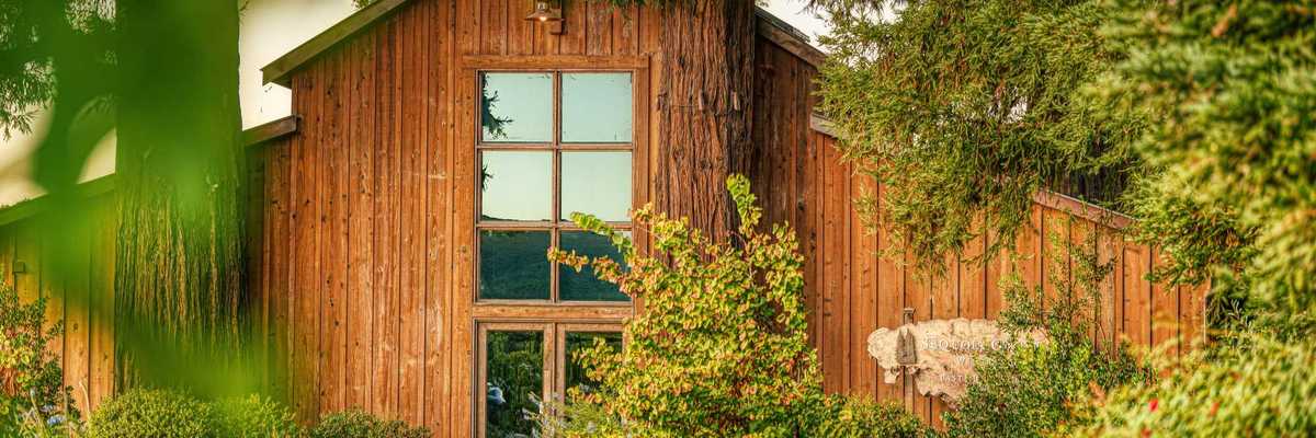 a rustic barn with large windows surrounded by greenery