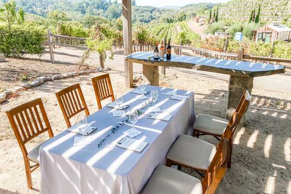 a table set up for wine tasting with a vineyard view behind it