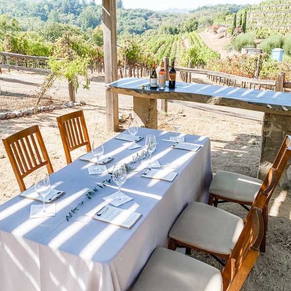 a table set up for wine tasting with a vineyard view behind it