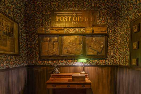 a theatrical vintage post office interior