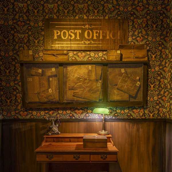 a theatrical vintage post office interior