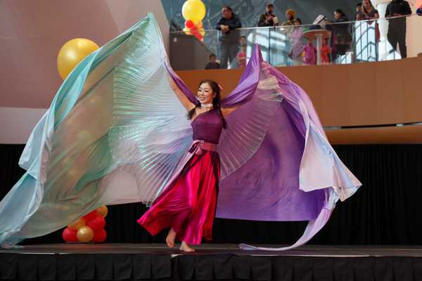 a woman in flowy colorful clothing on a stage dancing
