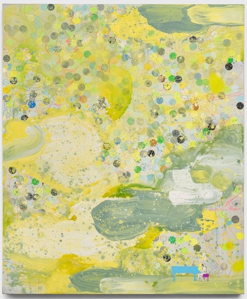 Abstract painting with yellow and green hues, colorful circles, and a small figure at a desk.