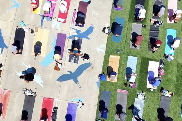 an aerial photo of people doing yoga on different colored mats outside