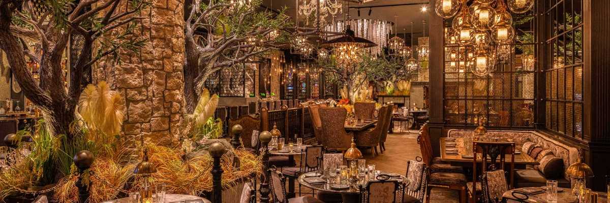 an atmospheric restaurant with hanging lanterns