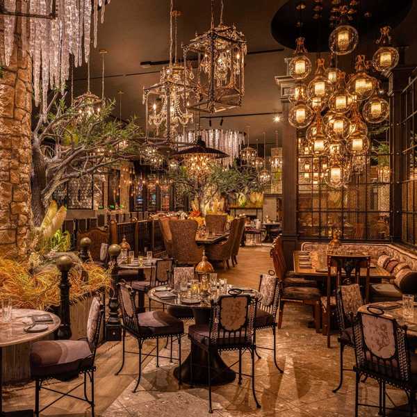 an atmospheric restaurant with hanging lanterns