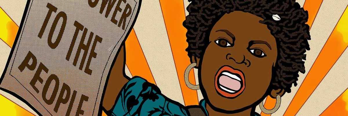 an illustration of a black woman holding up a newspaper that says all power to the people