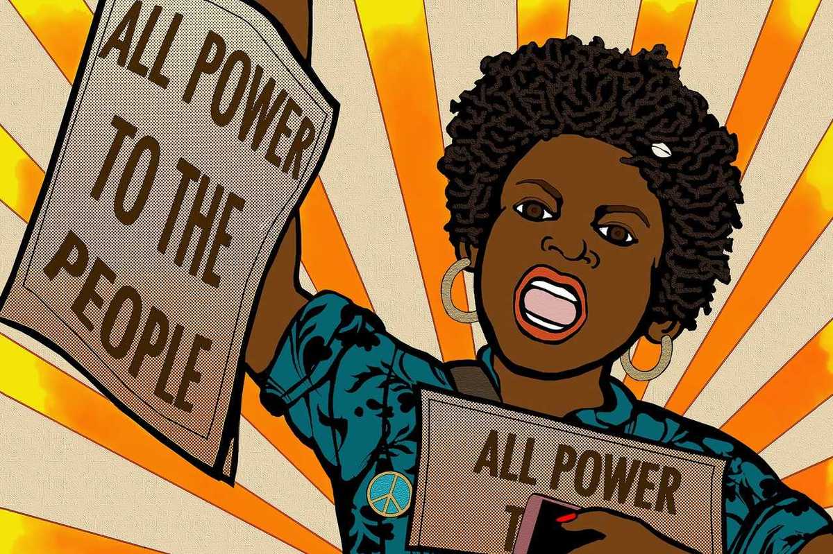 an illustration of a black woman holding up a newspaper that says all power to the people