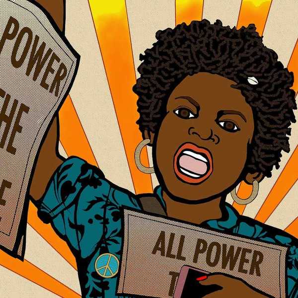 an illustration of a black woman holding up a newspaper that says all power to the people