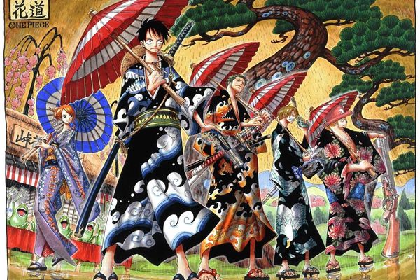 Anime characters in kimonos holding umbrellas and swords, with a tree and buildings in background.