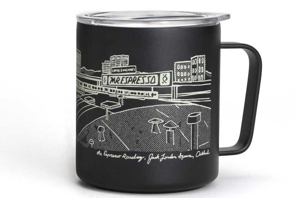 Black mug with a line drawing of a city street and "Mr. Espresso" sign in white.