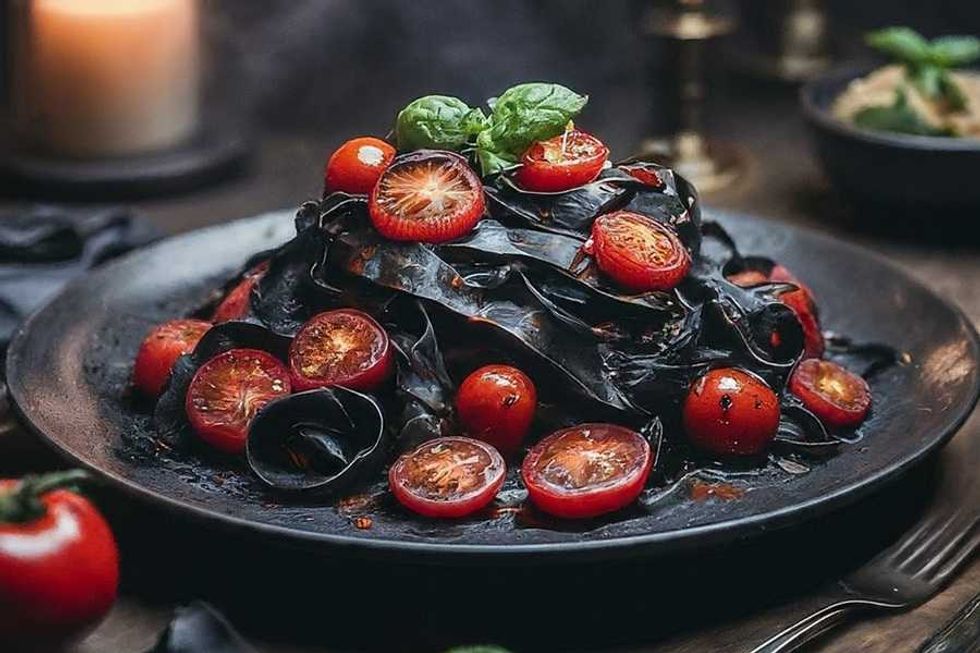 Black squid ink pasta with cherry tomatoes and basil on a dark plate.