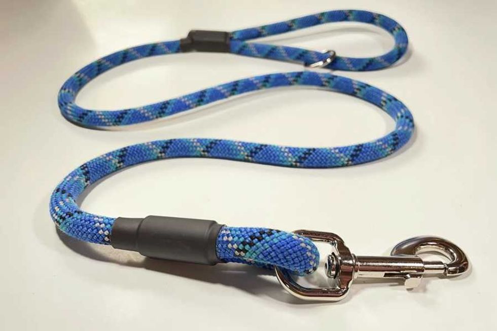 Blue patterned dog leash with metal clasp on a white surface.