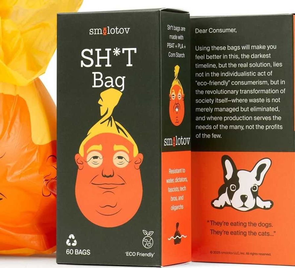"Box of eco-friendly bags with humorous illustrations and text."