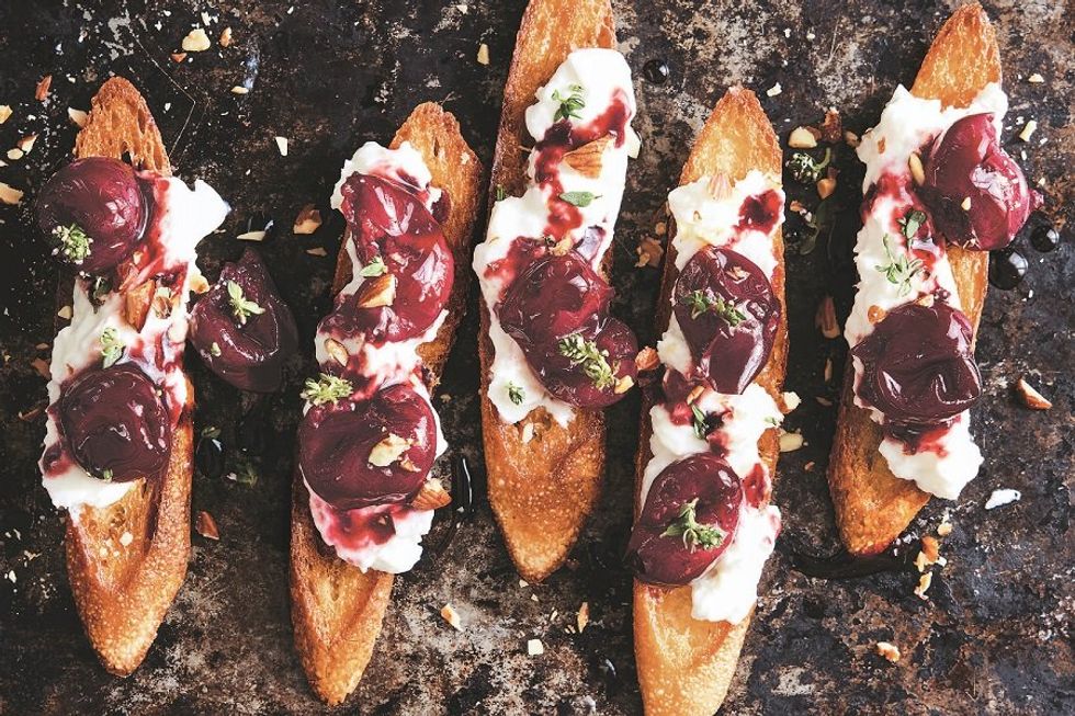 burrata cheese on toast with cherries