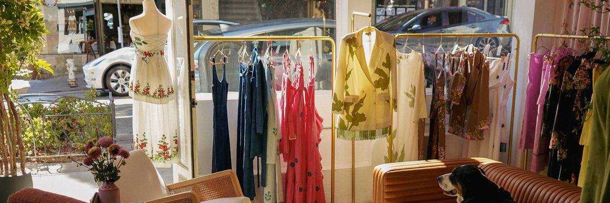 Clothing boutique interior with a dog on a couch and dresses on display.