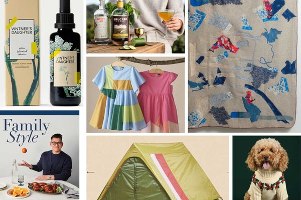 Collage: skincare, drinks, quilt, dresses, book, tent, and dog in sweater.