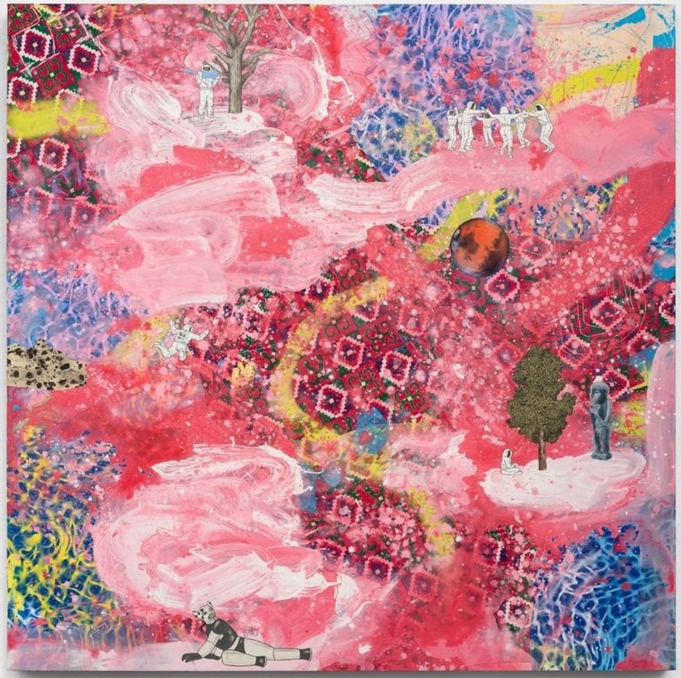 Colorful abstract painting with figures, trees, and swirling pink patterns.