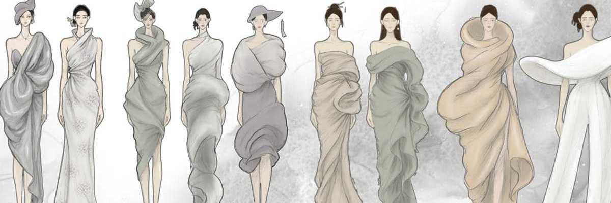 fashion sketches of women in drapey dresses