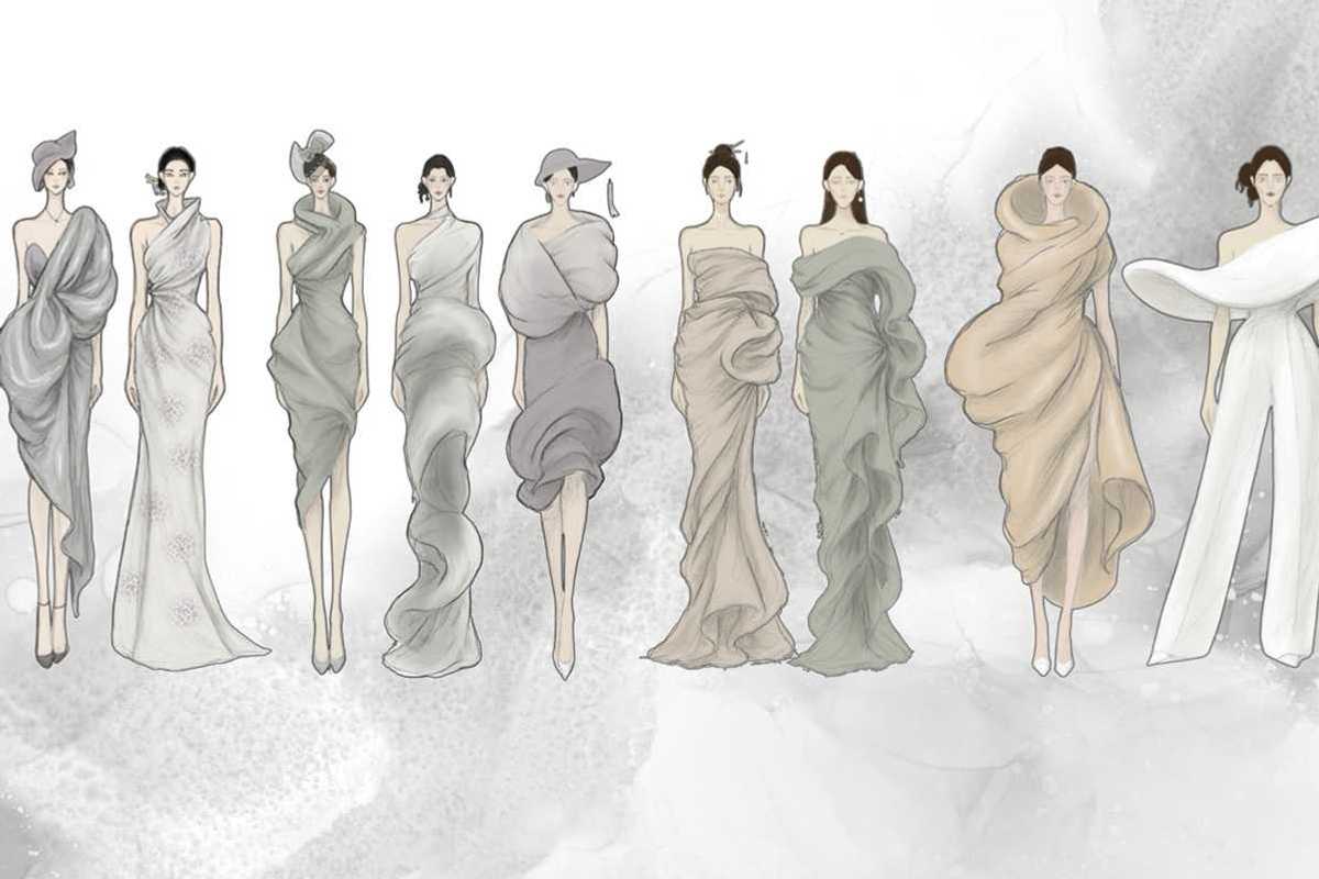 fashion sketches of women in drapey dresses