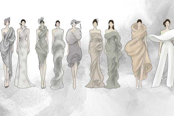 fashion sketches of women in drapey dresses