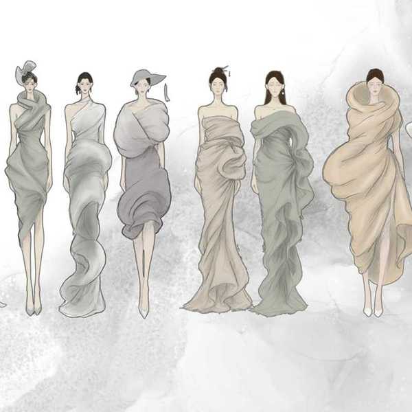 fashion sketches of women in drapey dresses