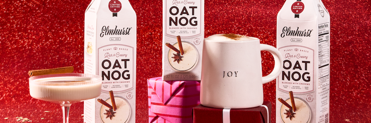 glasses and cartons of plant-based oat nog from Elmhurst