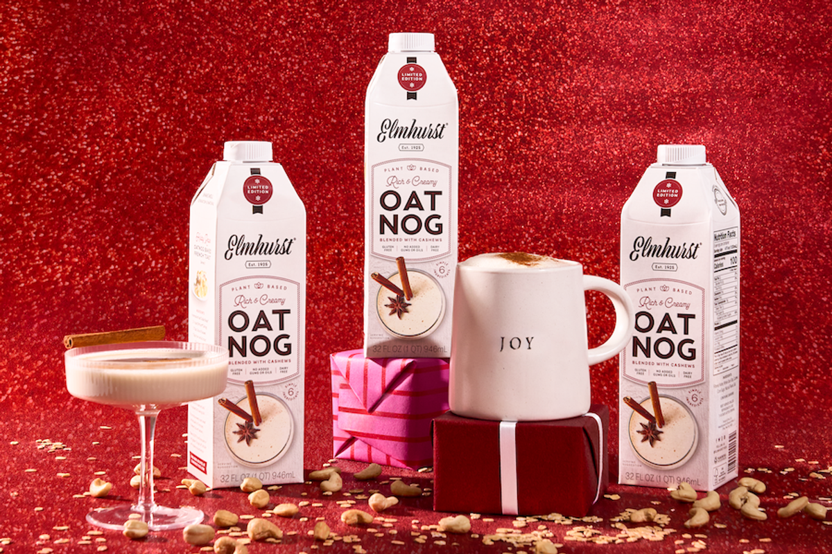 glasses and cartons of plant-based oat nog from Elmhurst