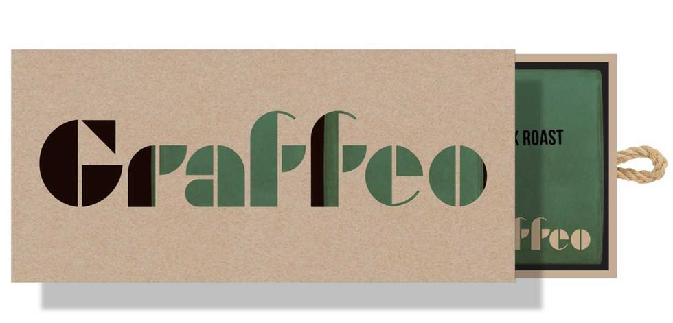 Graffeo coffee packaging with textured cardboard and cut-out logo revealing green bag.