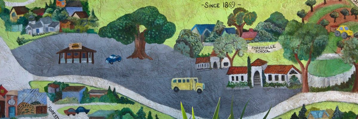 Illustrated map of Forestville, California, highlighting landmarks and roads.