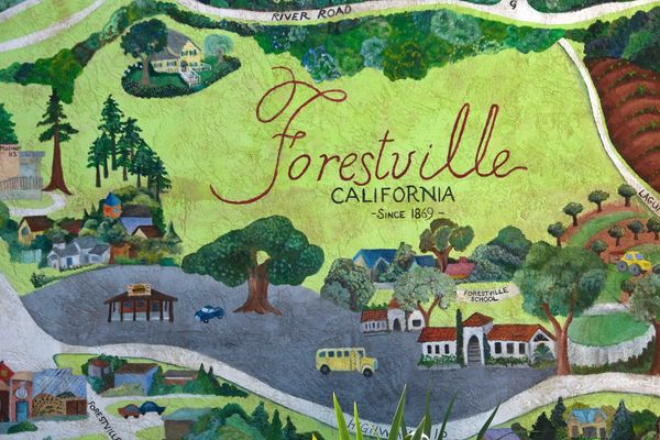 Illustrated map of Forestville, California, highlighting landmarks and roads.