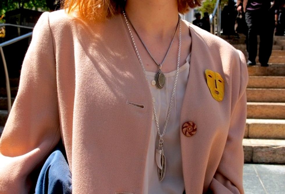 SF Street Style: Sitting Pretty in a Vintage Blazer, Brooch + Knee Highs in Union Square